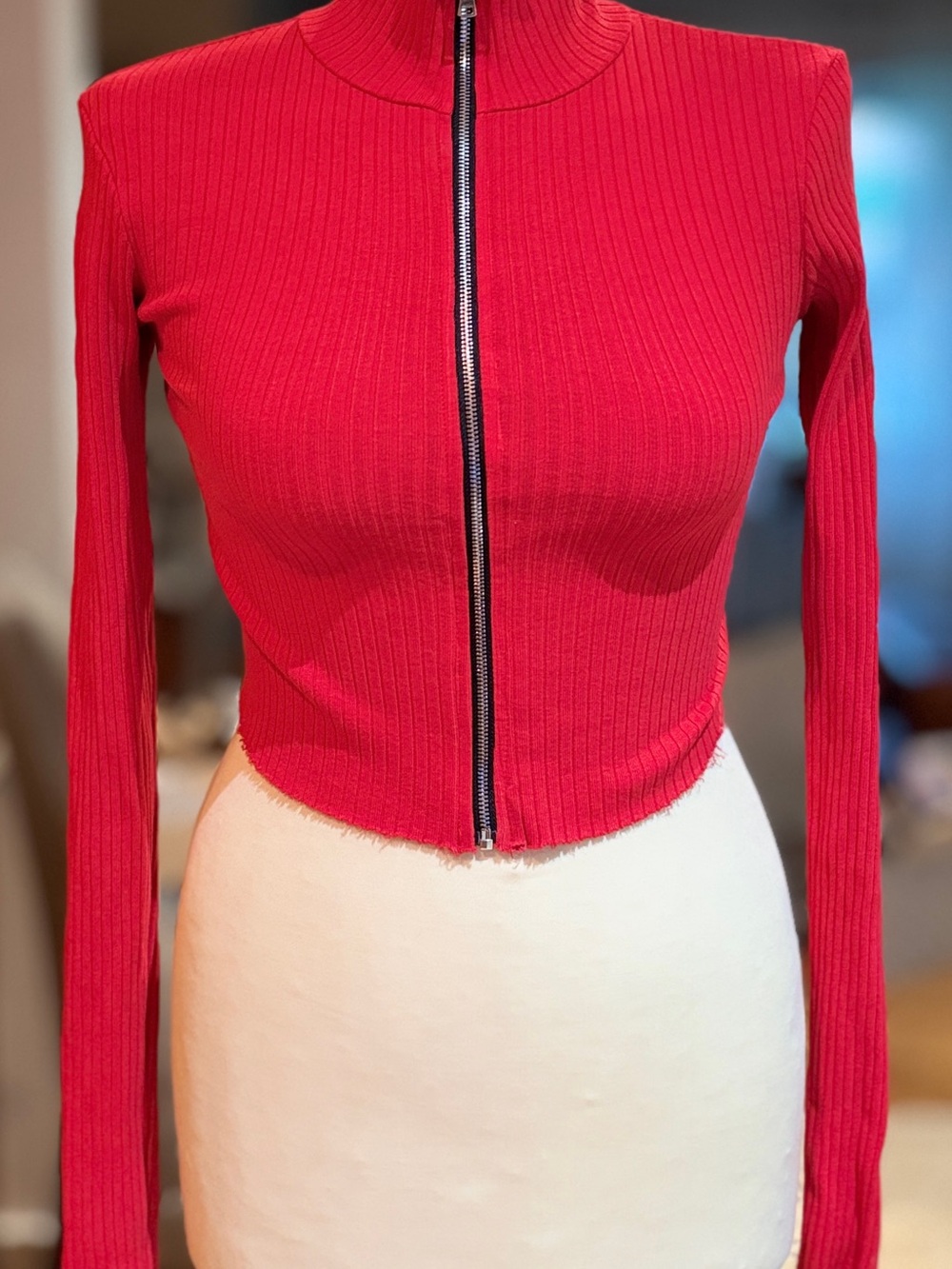 Cotton Citizen Ibiza Crop Ribbed Zip Up Long Sleeve Top Red XS Made USA